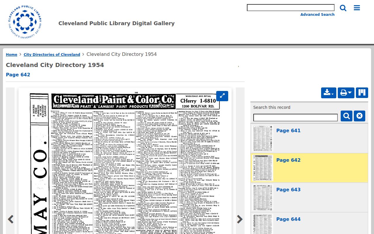 Mayfield Heights historical directory sample layout in the Cleveland Public Library 1954 scan