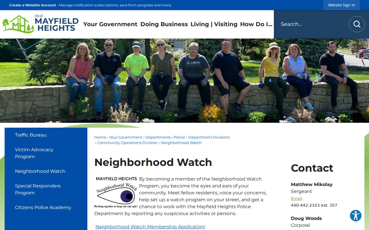 Mayfield Heights neighbors Neighborhood Watch contact page
