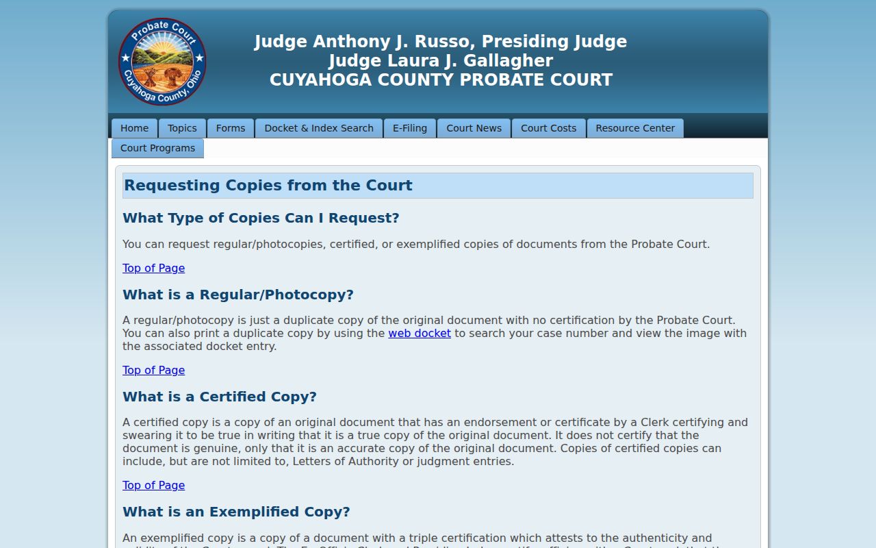 Mayfield Heights resident lookup Probate Court copy request information